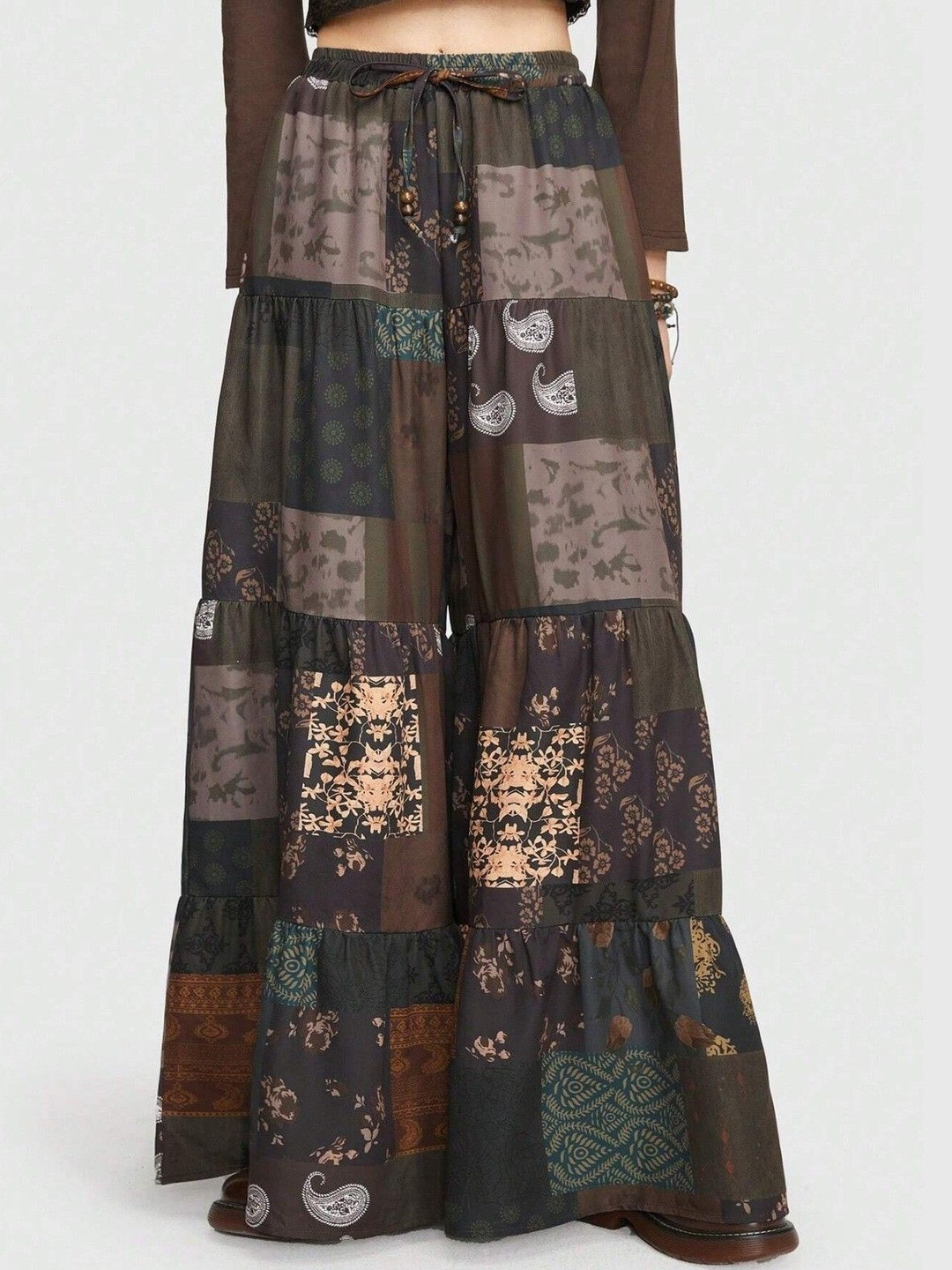 SZN Women Brown Printed  Viscose Rayon Drawstring Closer High-Rise Trousers