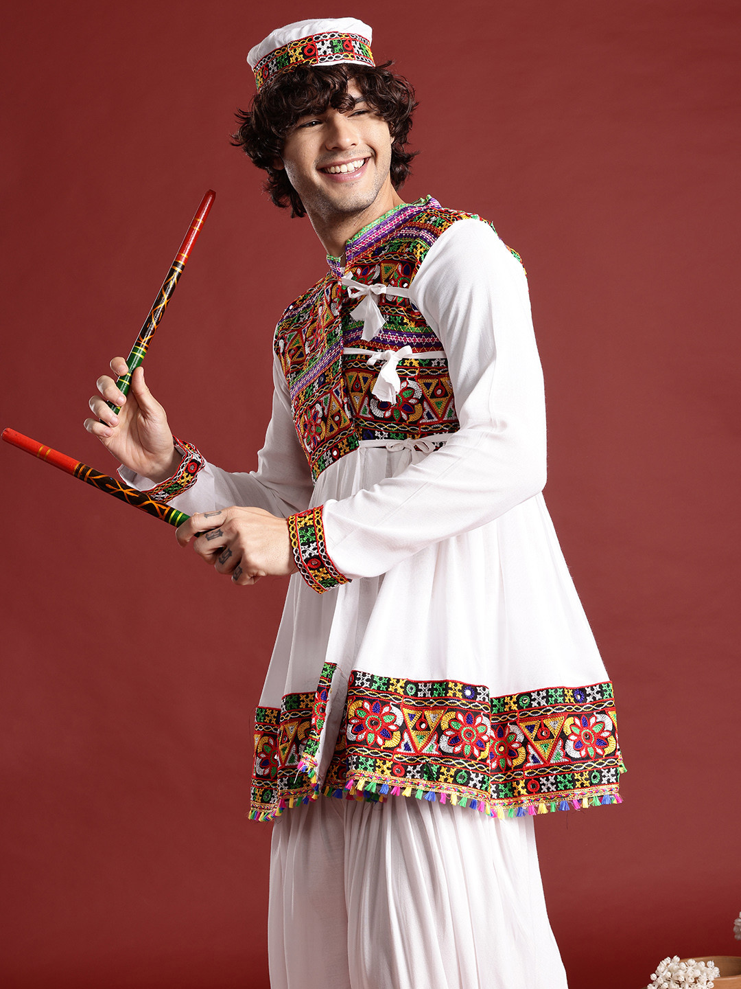 PulseIQ Embroidered Pleated Mirror Work Kurta with Dhoti Pants & Cap