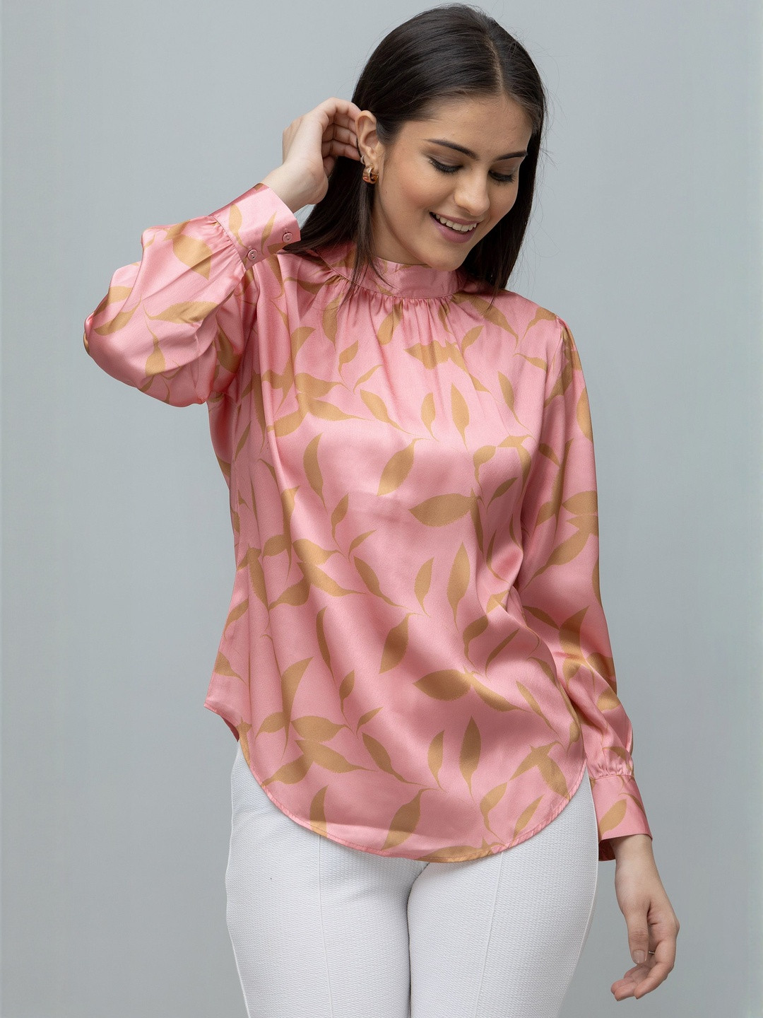 PURYS Women's Leaf Printed High Neck Satin Top