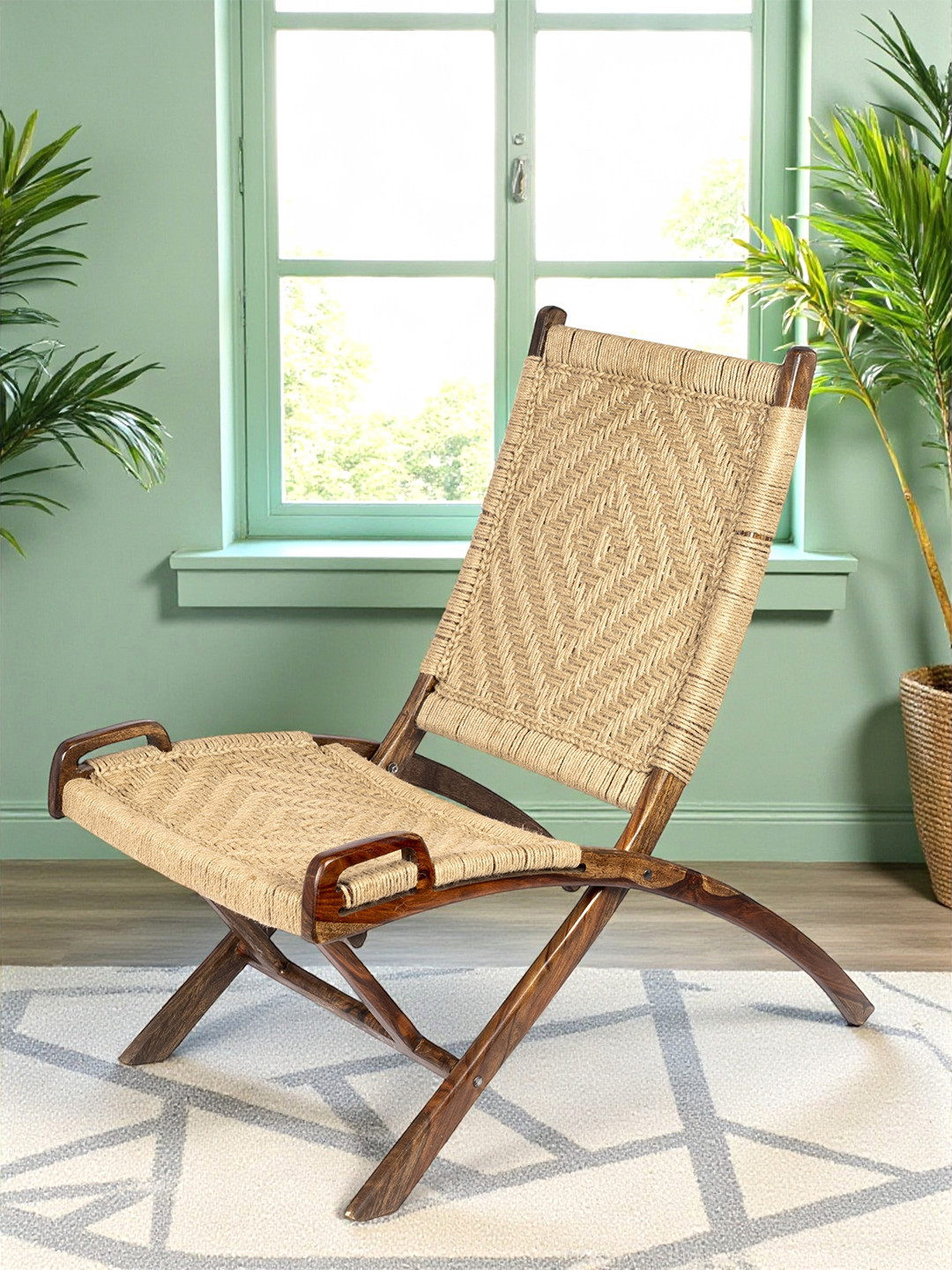 Ikiriya Natwest Sheesham Wood Vintage Relaxing Chair In Natural Jute Rope Canning