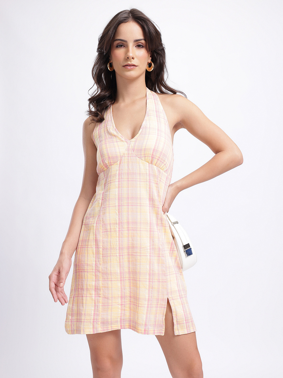 glitchez Checked Smocked Tie-Up Detail Backless A-Line Dress with Side Slit