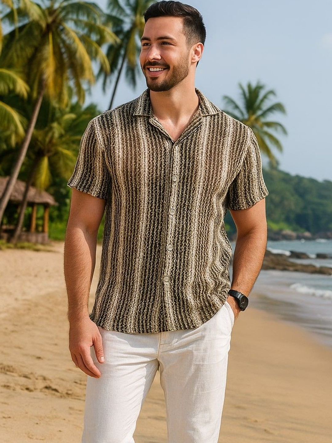 HERE&NOW Classic Self Design Club Collar Cotton Casual Shirt