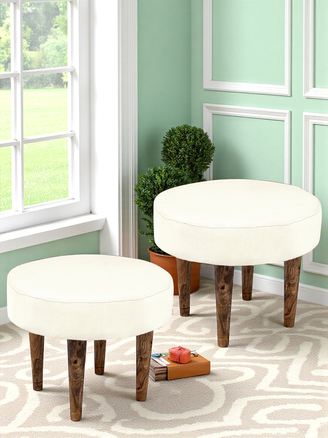 Ikiriya Nayla Sheesham Wood Contemporary Round Set Of 2 Stools In Jute White Upholstery