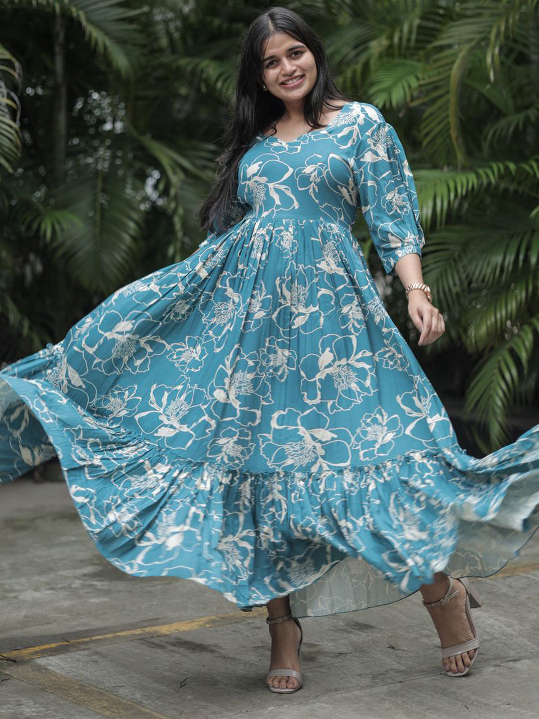 indian rani Floral Print Ruffled A-Line Maxi Dress