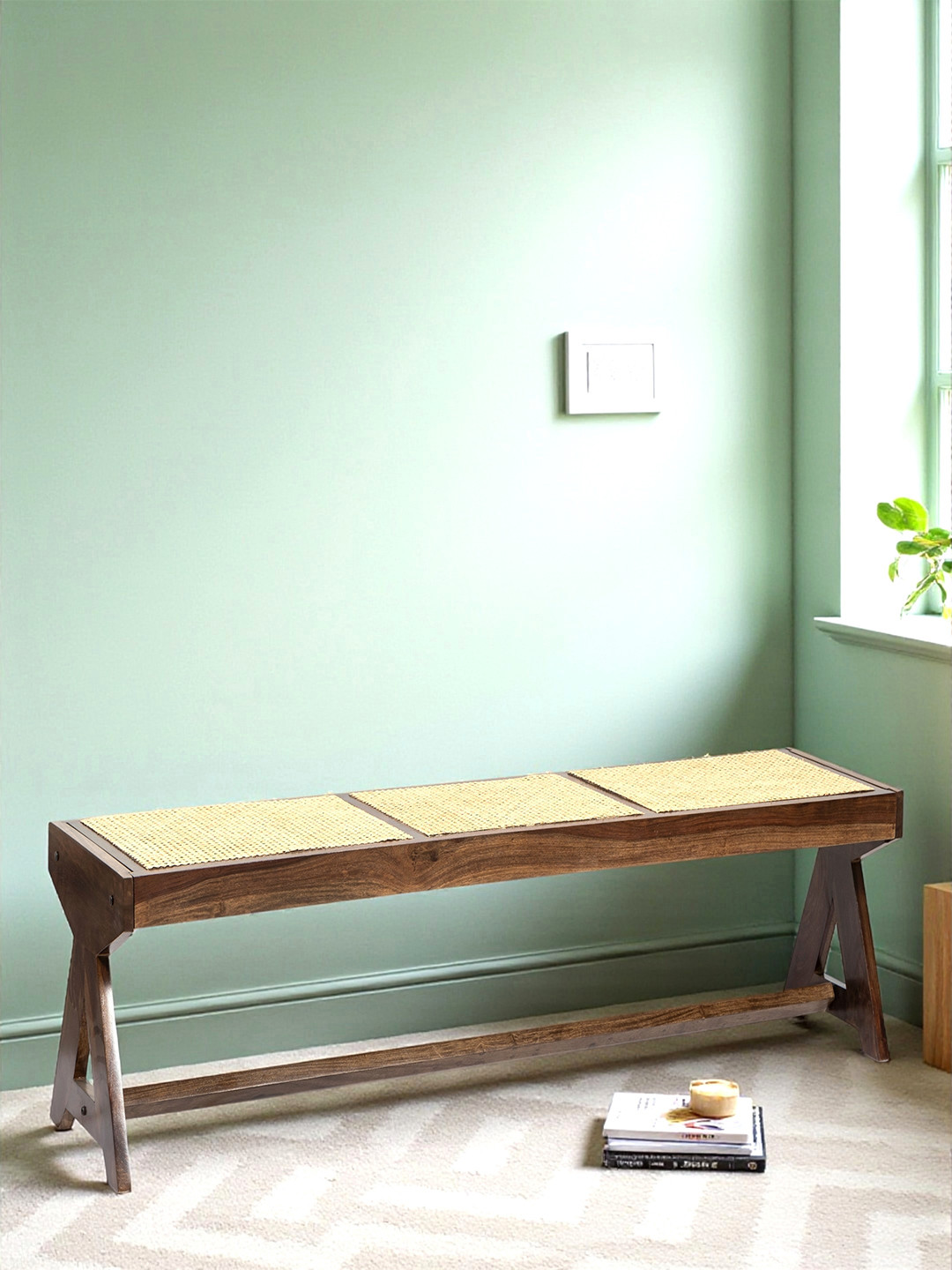 Ikiriya Rockport Sheesham Wood Mid Century 3 Seater Bench With Rattan Work