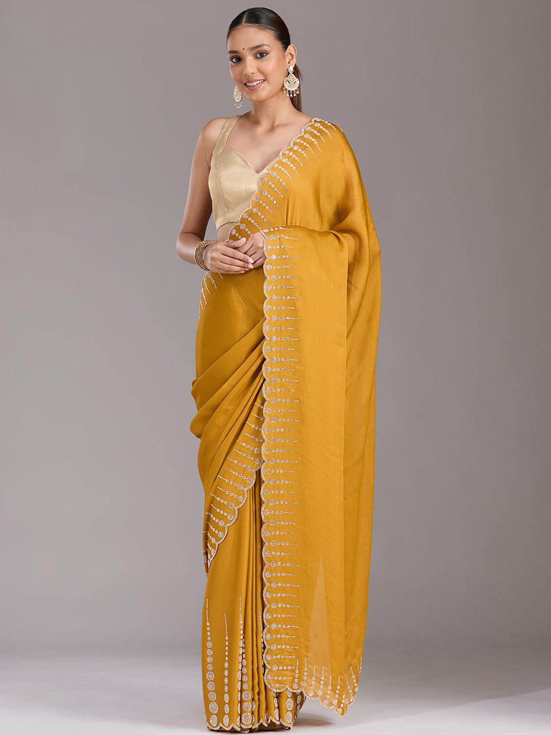 Koskii Mustard Stonework Gold Chiffon Saree