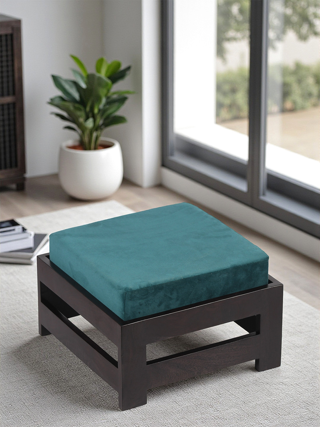 Ikiriya Sheesham Wood Stool In Dark Mahagony Finish With Turquoise Sea Velvet Cushion