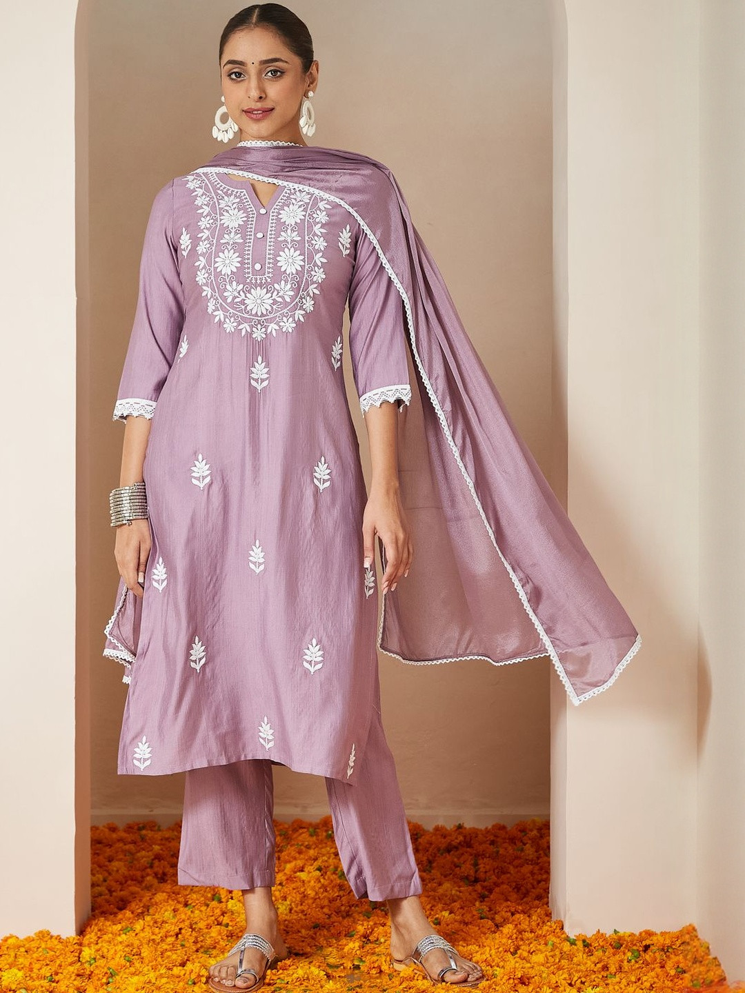 Janasya Women  Lavender Silk Blend Embroidered Straight Kurta Set with Trousers & Dupatta