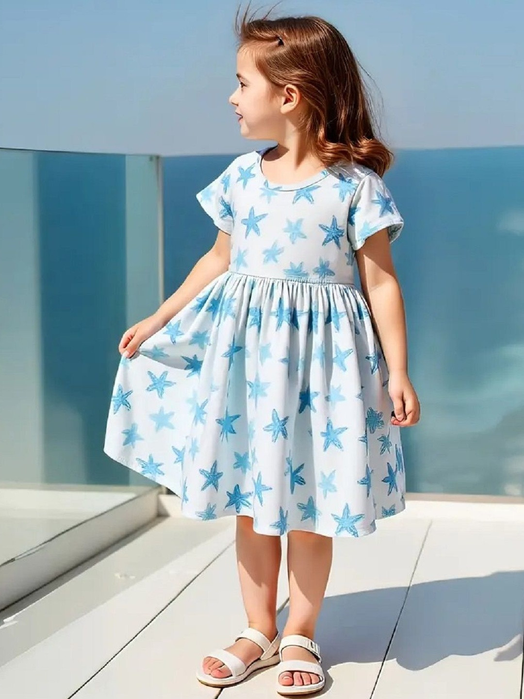 YK Girls Floral Printed Gathered or Pleated Short Sleeves Fit & Flare Dress