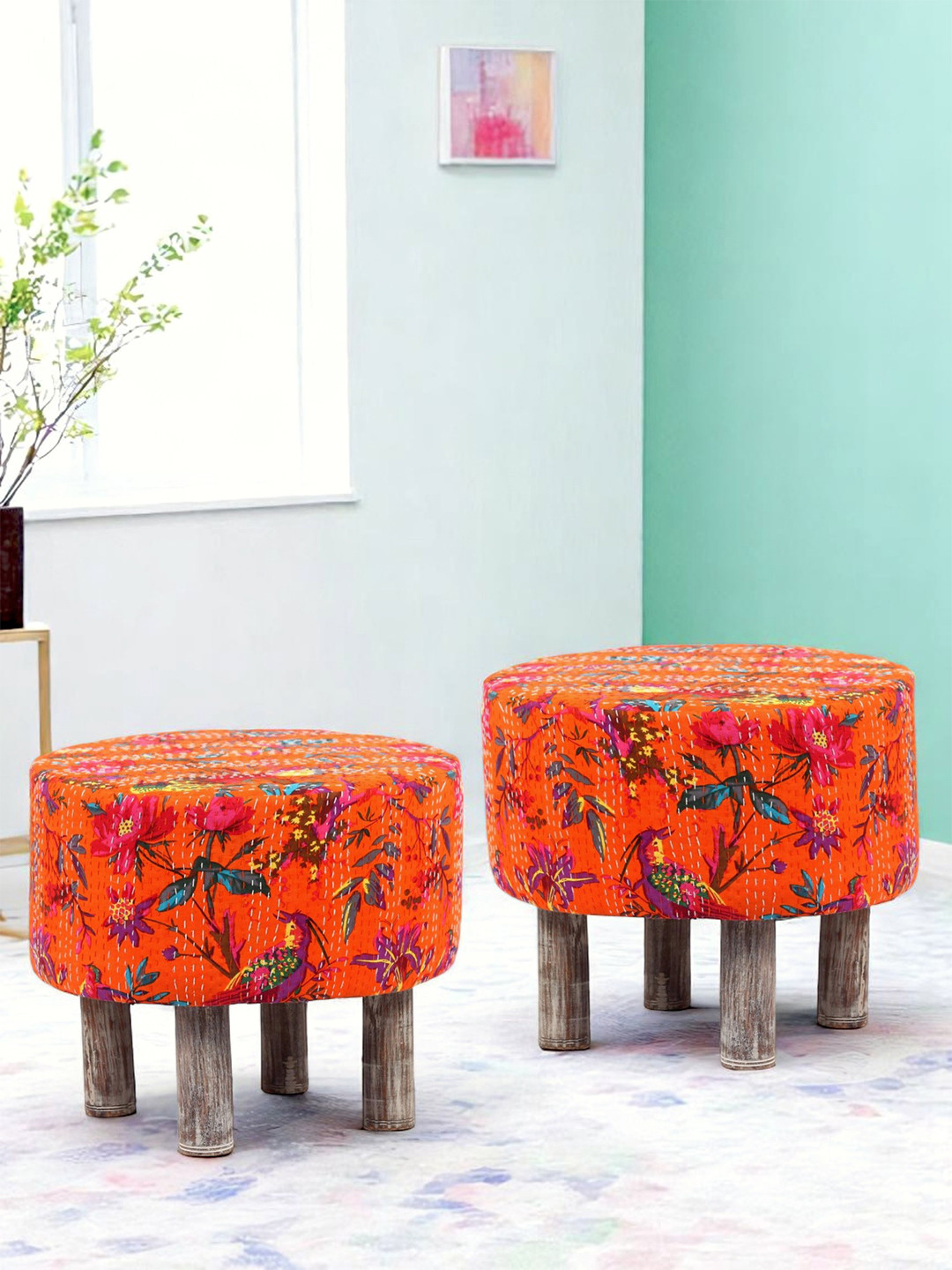 Ikiriya Solid Wood Mid Century Round Set Of 2 Ottomans In Bird Print Orange Kantha Fabric