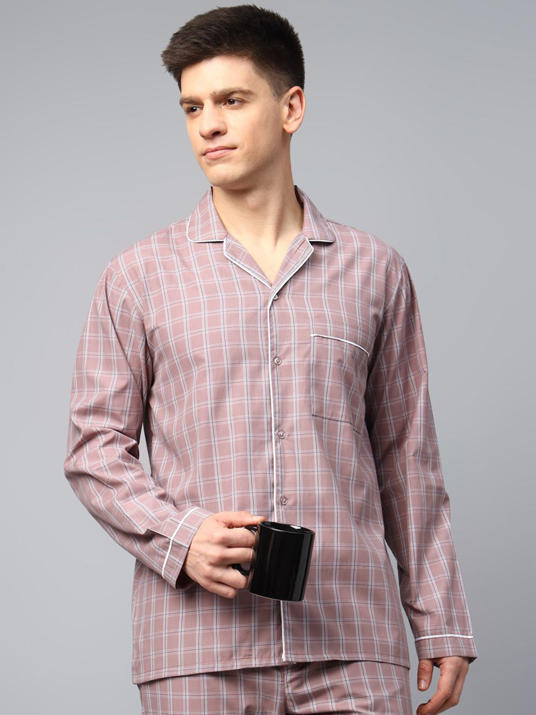 English Navy Men Wrinkle Resistant Checked Lapel Collar Night suit