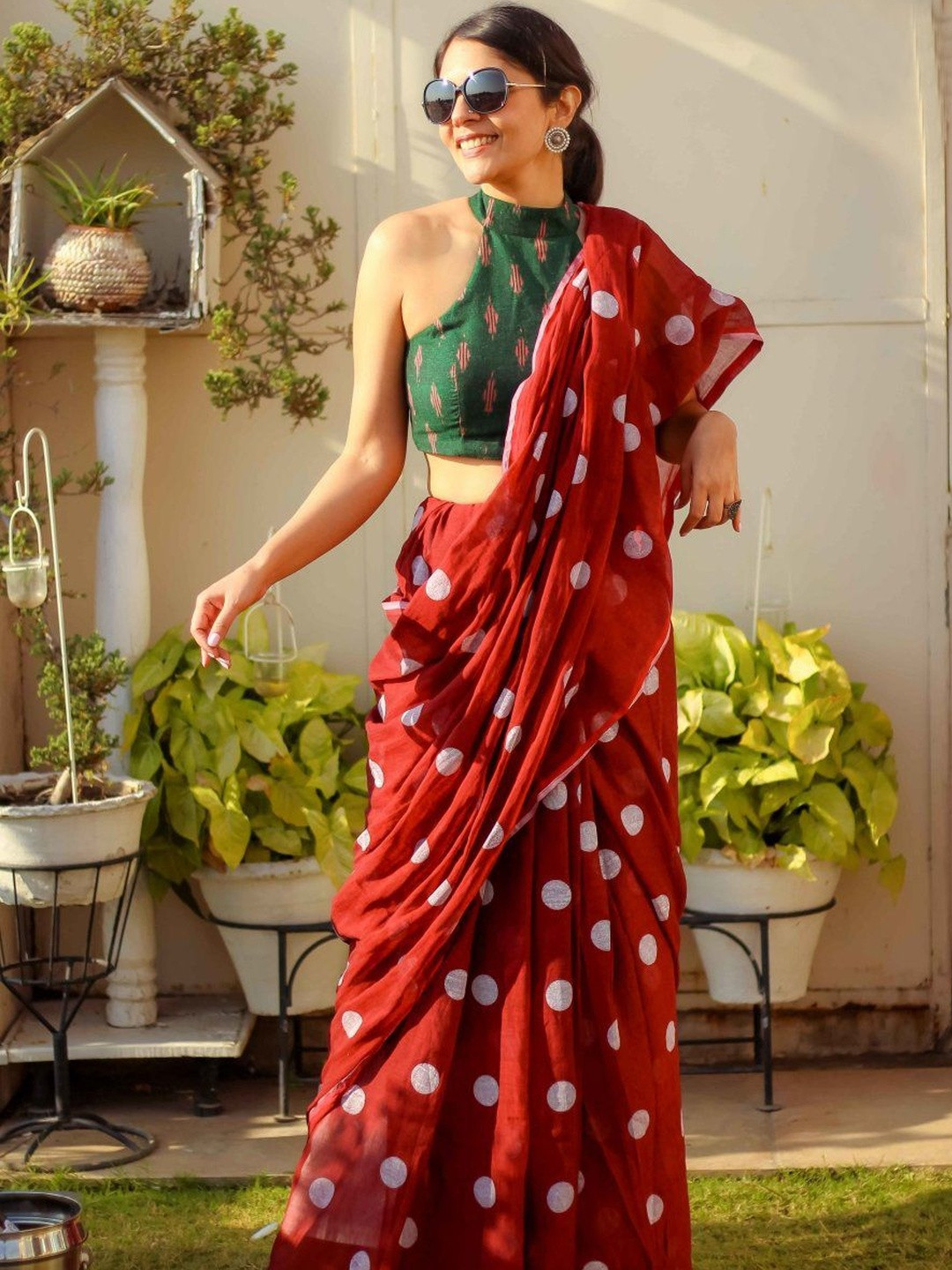 PHEASANT Polka Dot Pure Linen Block Print Saree