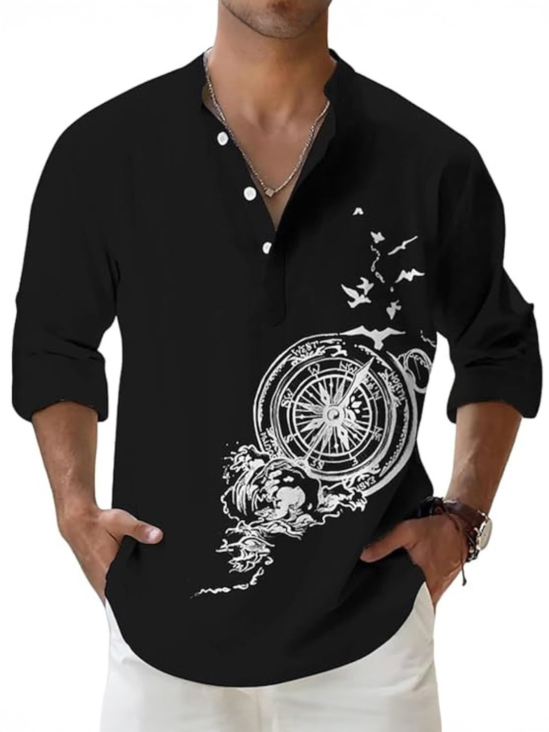 Deelmo Men Graphic Printed Mandarin Collar Cotton Casual Shirt