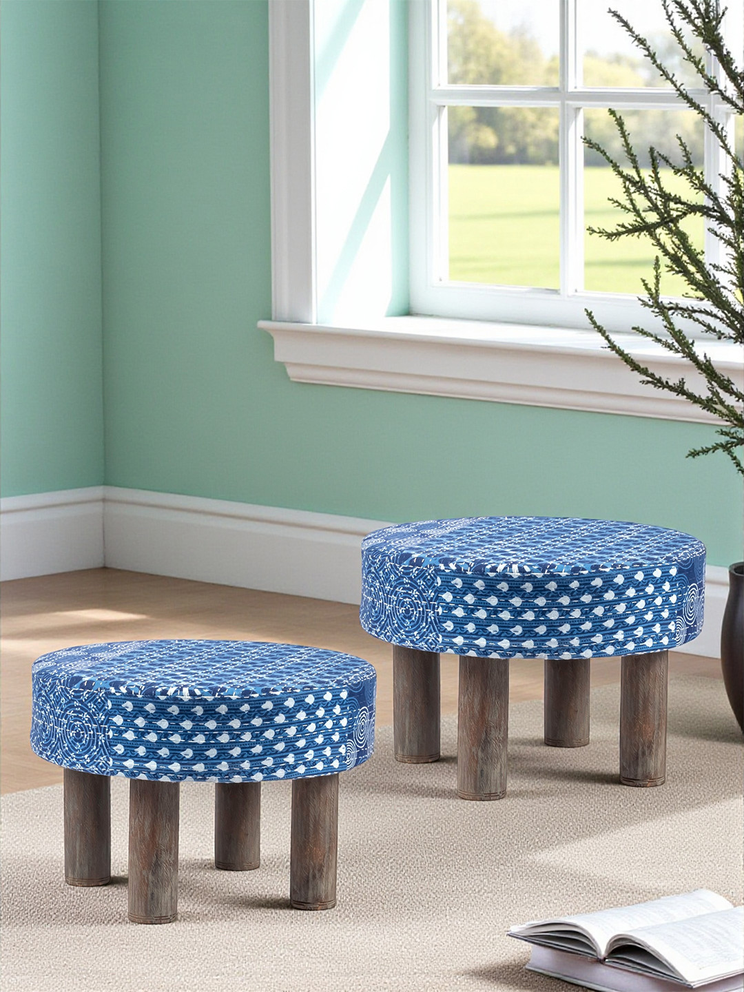 Ikiriya Rosewood Mid Century Round Set Of 2 Foot Stools In Indigo Patchwork Kantha Fabric