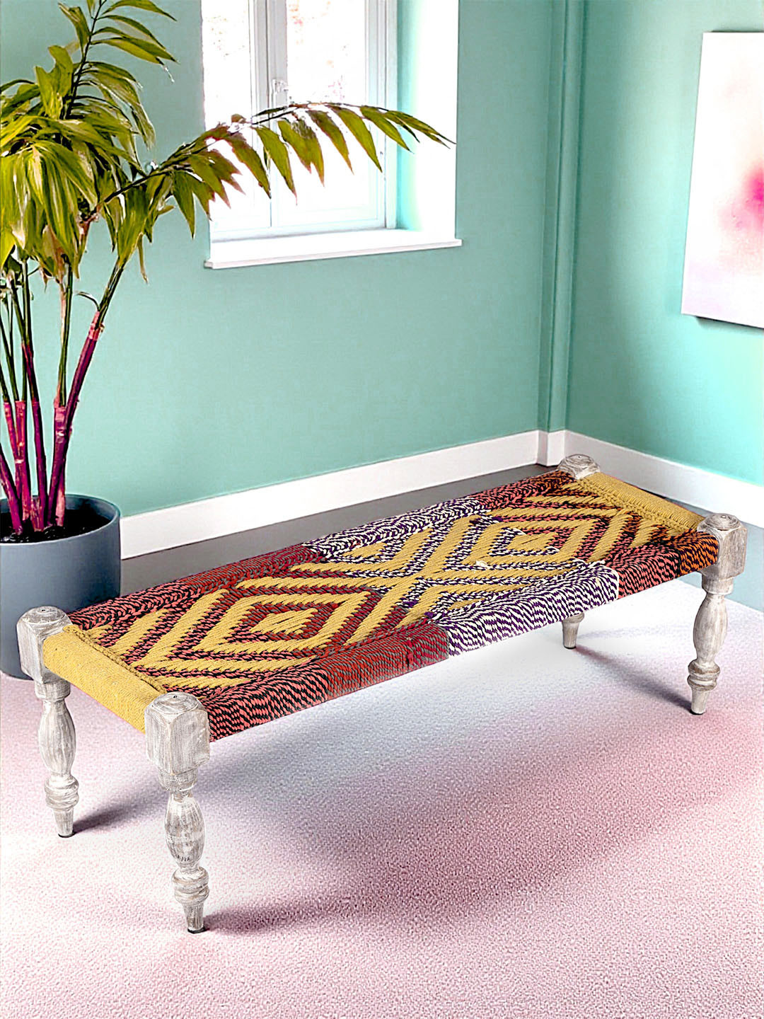 Ikiriya Sheesham Wood 3 Seater Maachi Bench In Multi Colour Chindi & Yellow Rope Canning