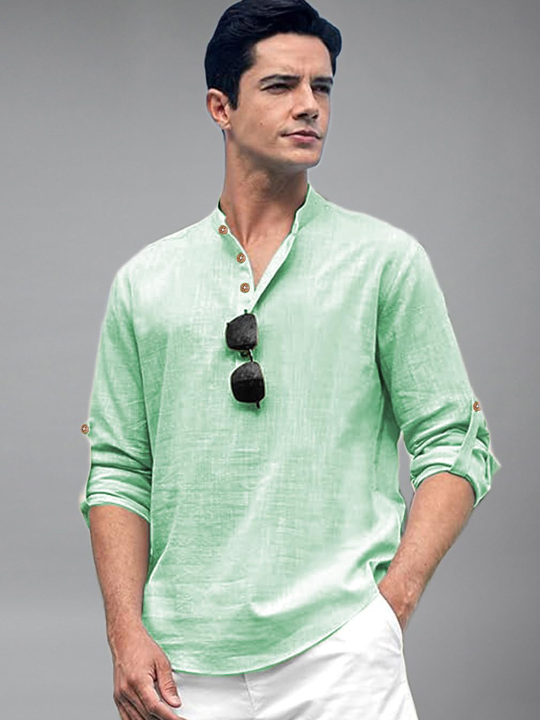 univibe Men Mandarin Collar Roll-Up Sleeves Kurta