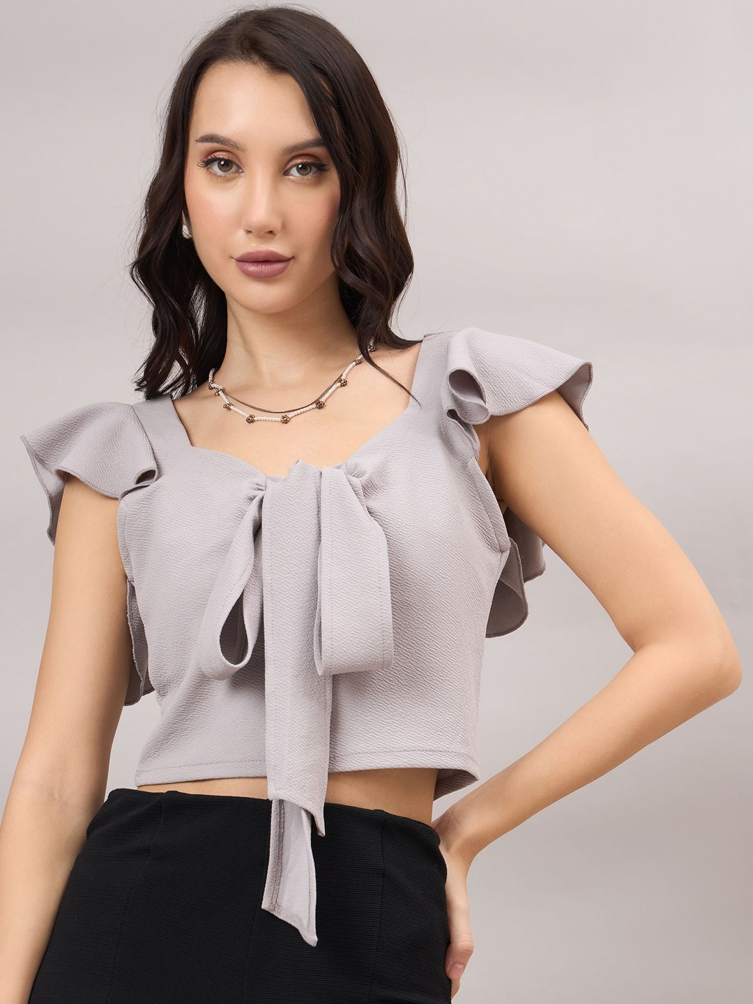 R.Code by The Roadster Life Co. Women Sweetheart Neck Tie-Front Flutter Sleeve Crop Top