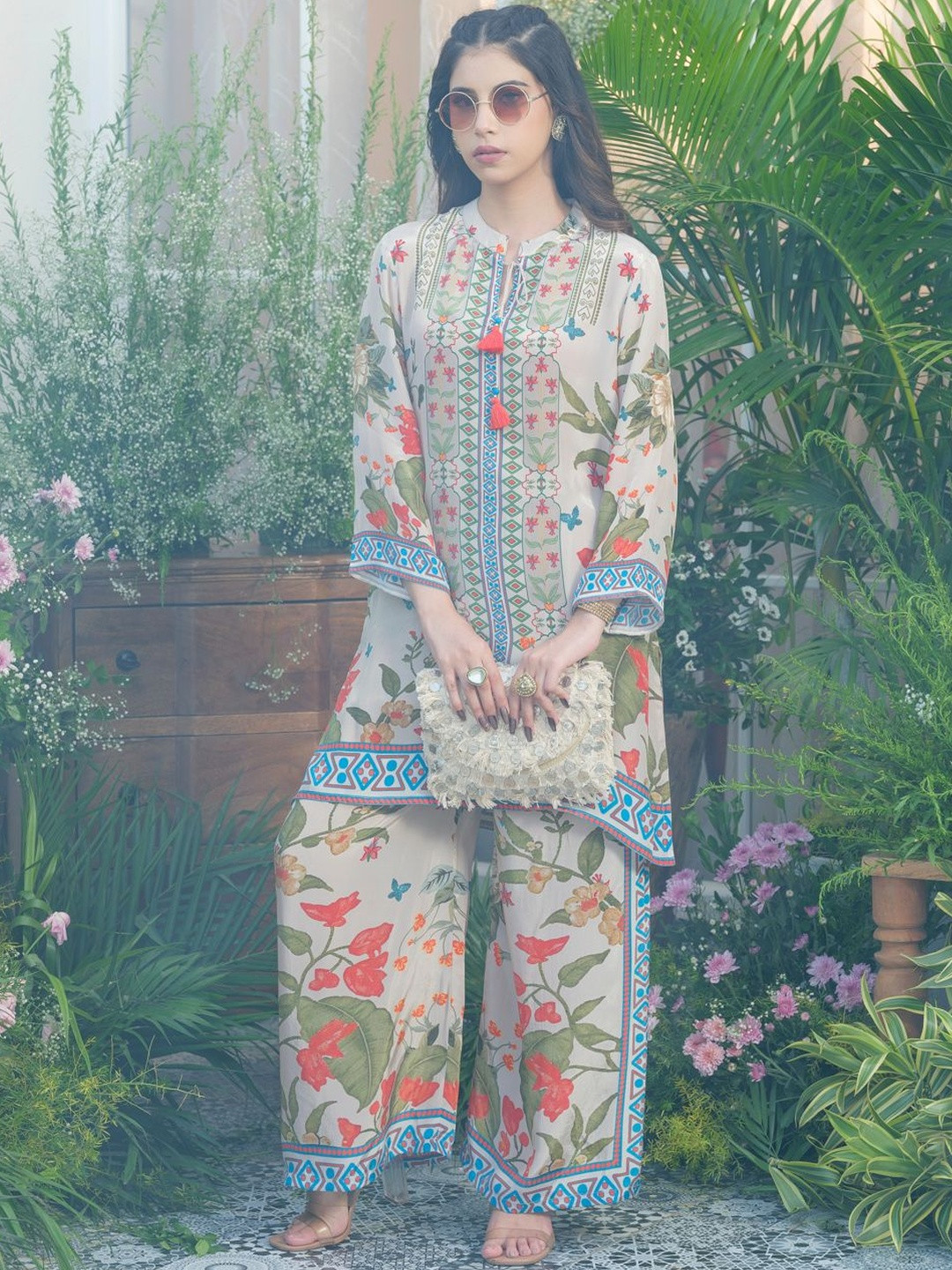 Sangria Beige Floral Printed Handwork Natural Crepe Co-ord Set with Palazzo