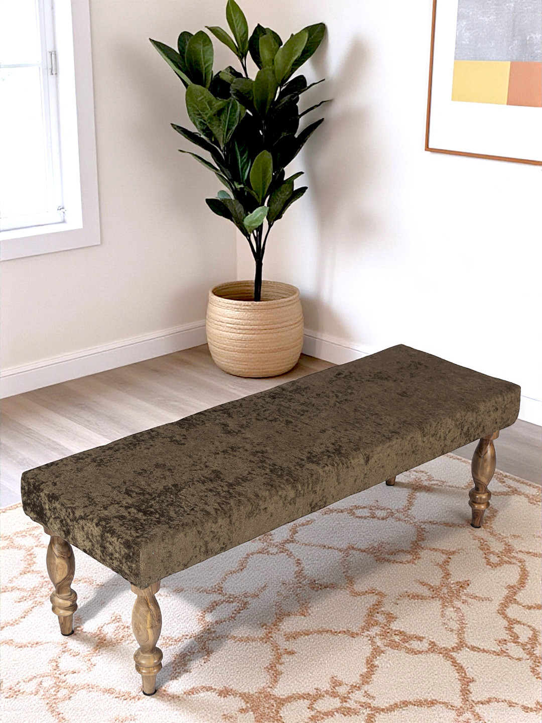 Ikiriya Cairo Sheesham Wood Accent 3 Seater Bench In Green Sparkle Velvet
