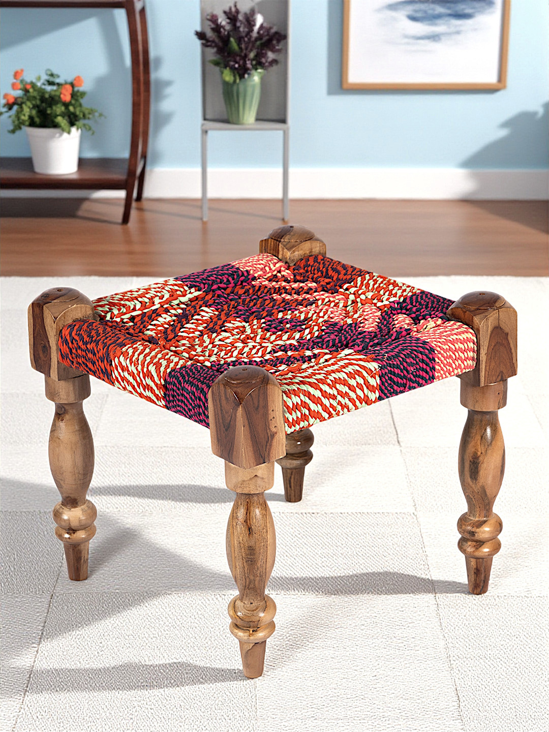 Ikiriya Riaza Sheesham Wood Square Maachi Stool In Multi Colour Chindi Rope Canning