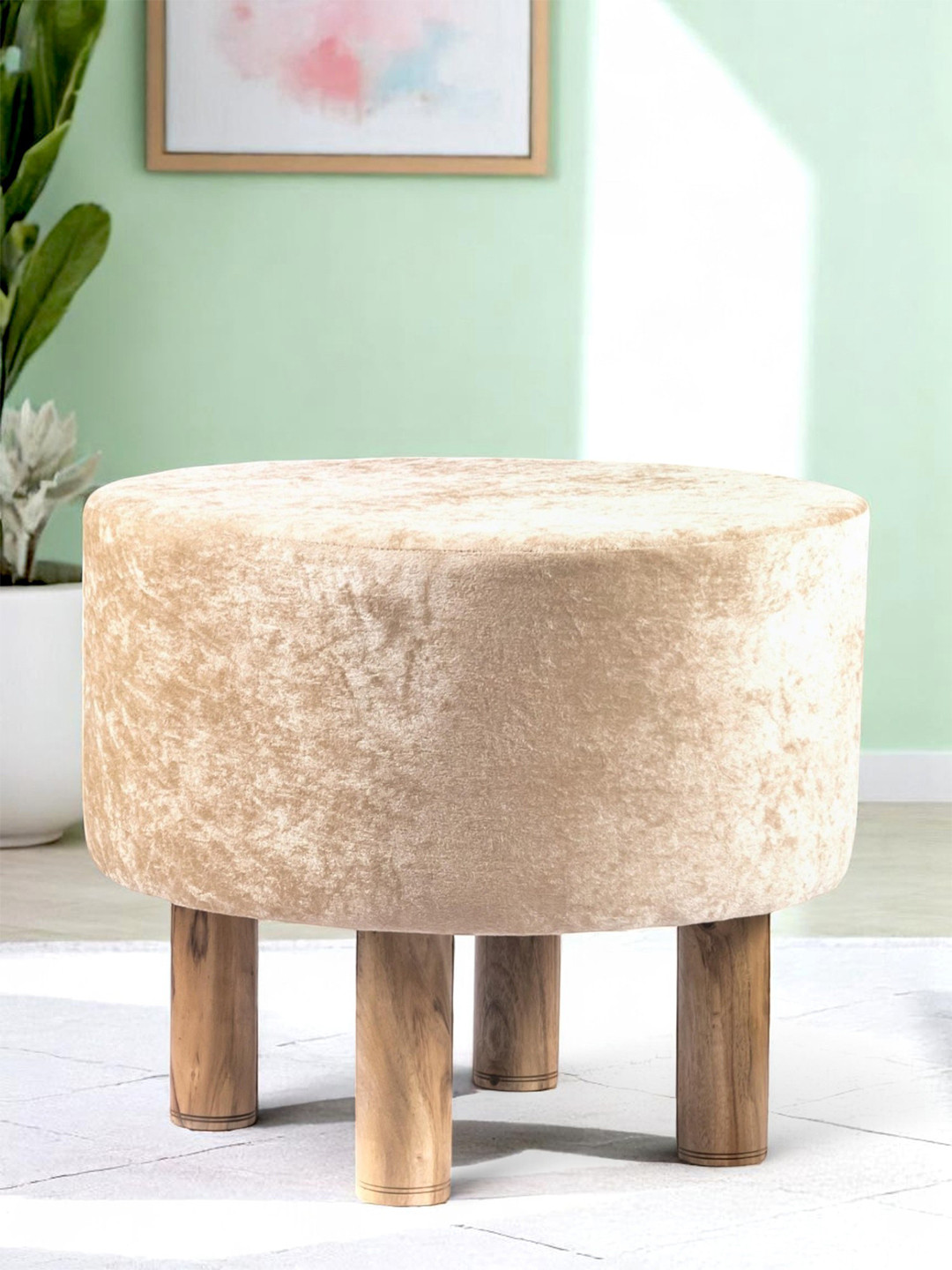 Ikiriya Collio Acacia Wood Accent Round Ottoman In Beige Sparkle Velvet Upholstery