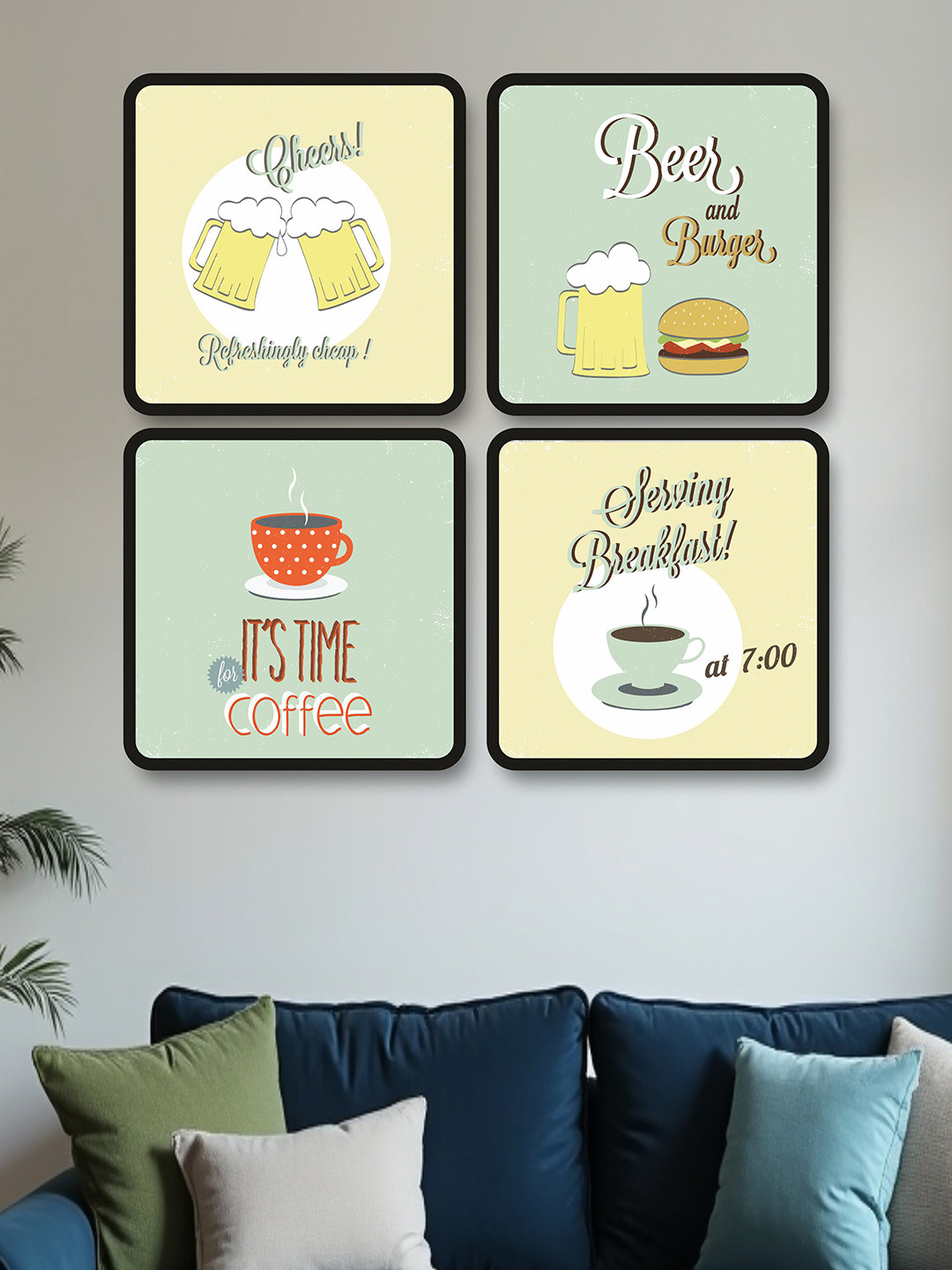 SAF Black & Yellow 4 Pieces Cafe Theme Typography Painting Framed Wall Arts