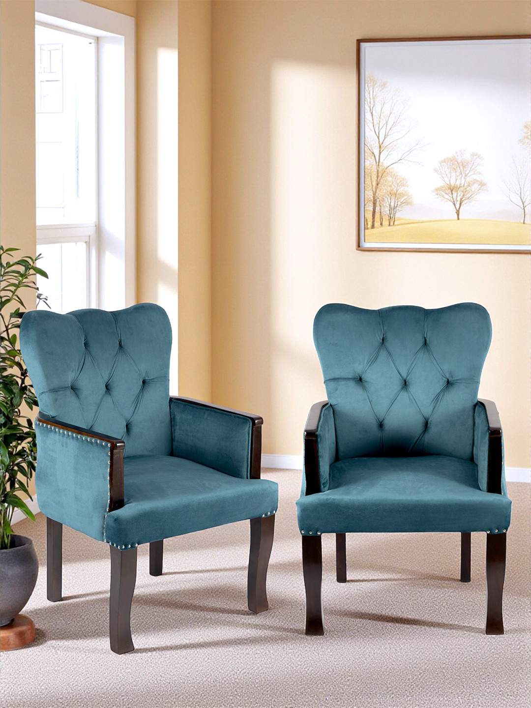 Ikiriya Sheesham Wood Accent Set Of 2 Lounge Chair In Turquoise Sea Velvet Upholstery