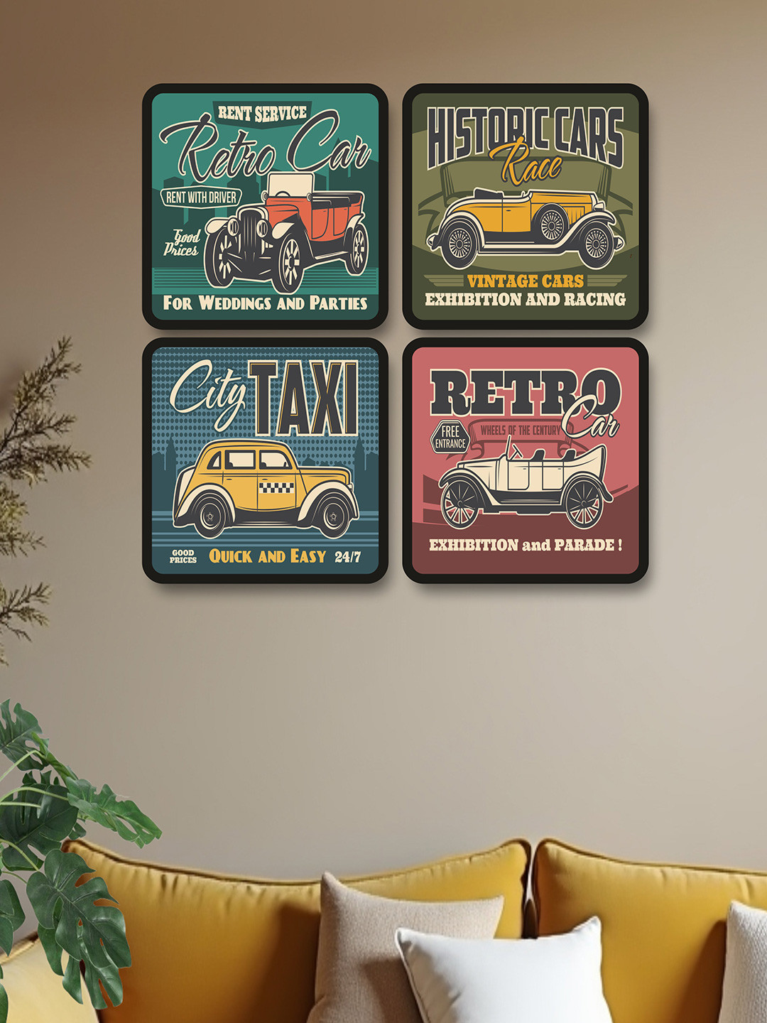 SAF Green & Black 4 Pieces Vintage Car Painting Wall Arts