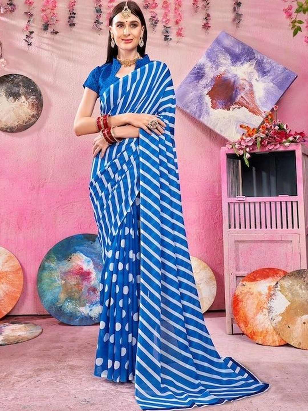 Moda Rapido Striped and Polka Dots Daily Wear Saree with Blouse Piece