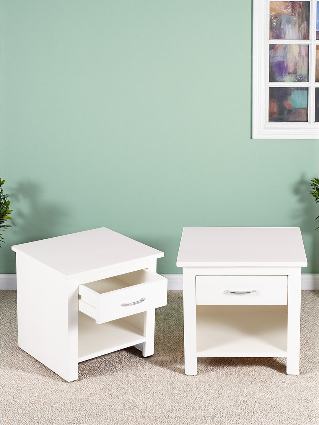 Ikiriya Luxnest Sheesham Wood Accent Set Of 2 Bedside Tables In White Pu Enamel