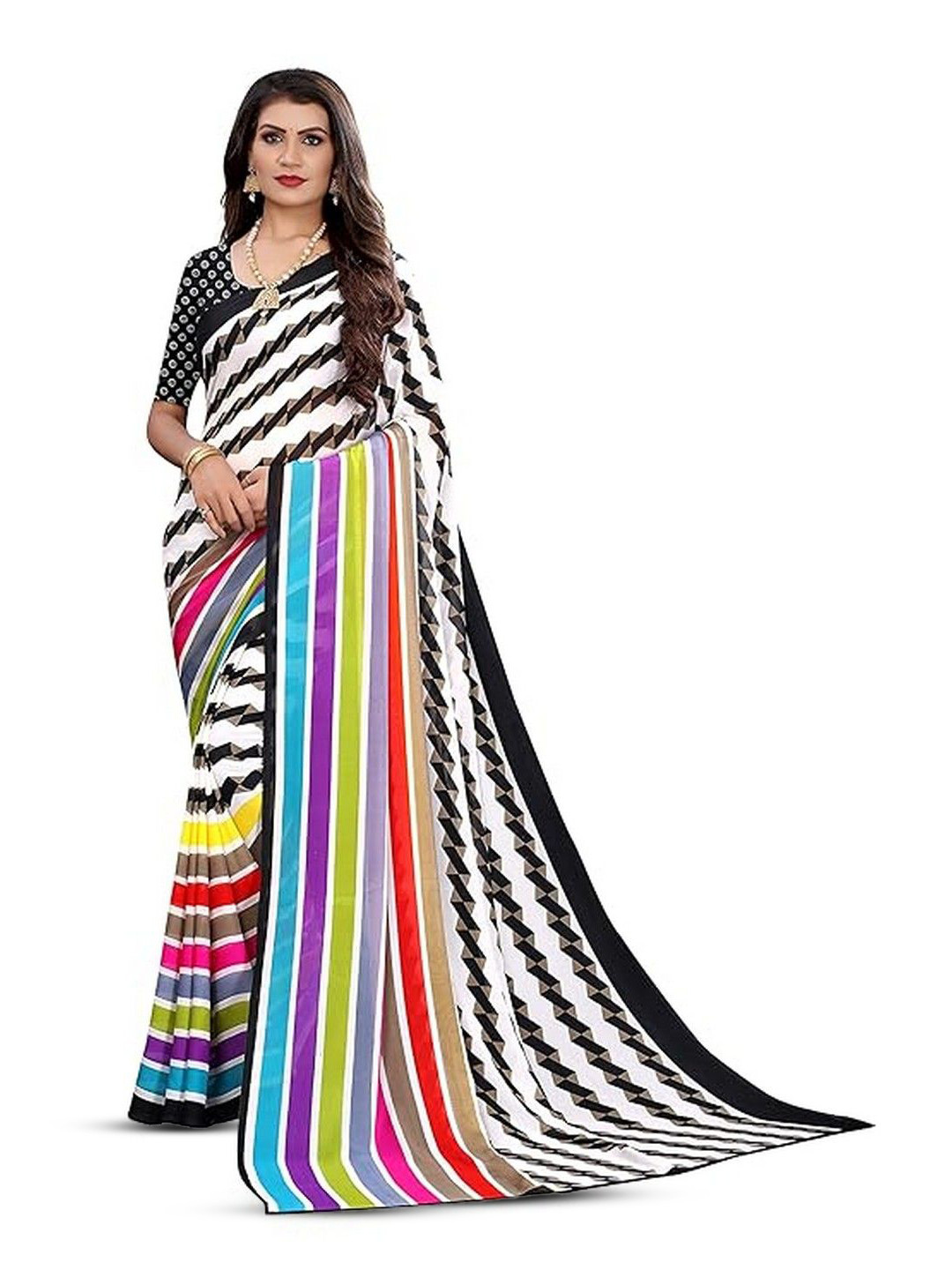 priyashi Striped Printed Pure Georgette Saree with Blouse Material