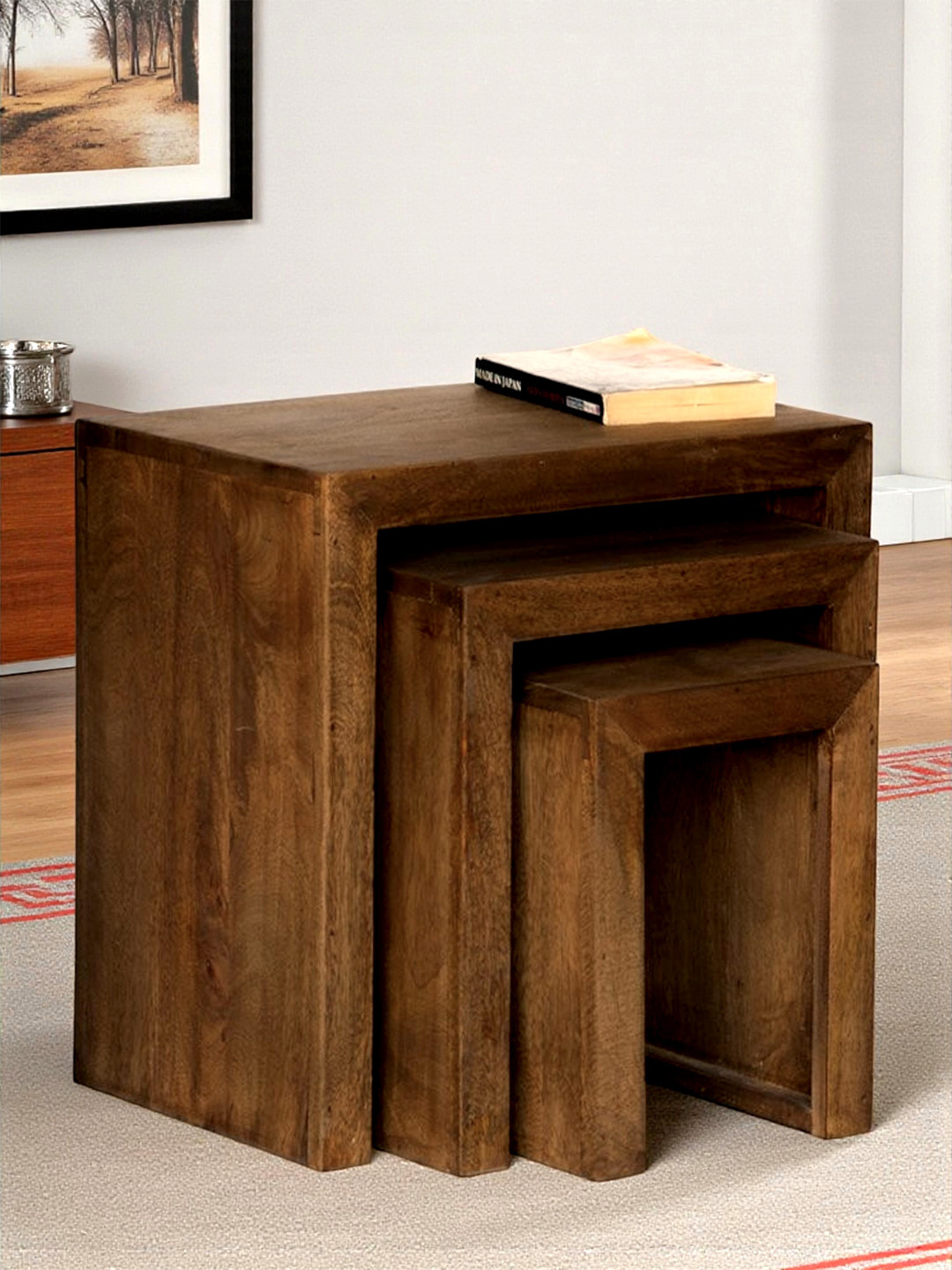 Ikiriya Sheesham Wood Contemporary Set Of 3 Nesting Tables In Provisional Teak Finish