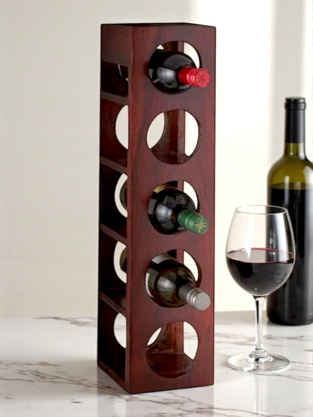 Ikiriya Wembley Sheesham Wood Accent Wine Rack In Honey Finish For Upto 5 Bottles