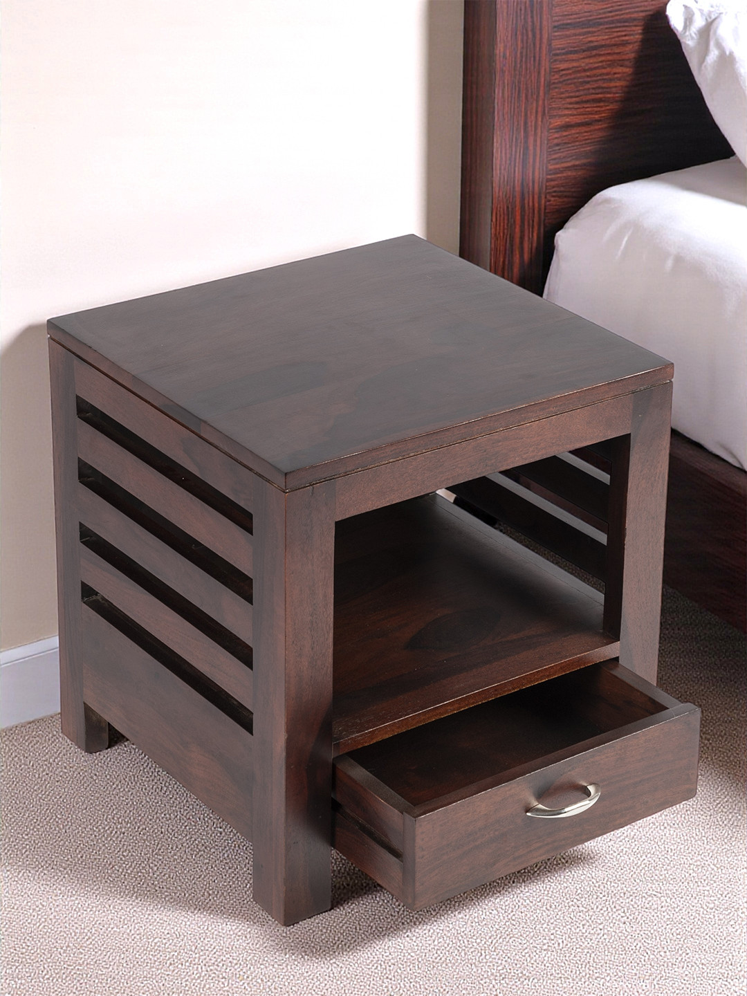 Ikiriya Russell Sheesham Wood Contemporary Bedside Table/ End Table In Dark Walnut Finish
