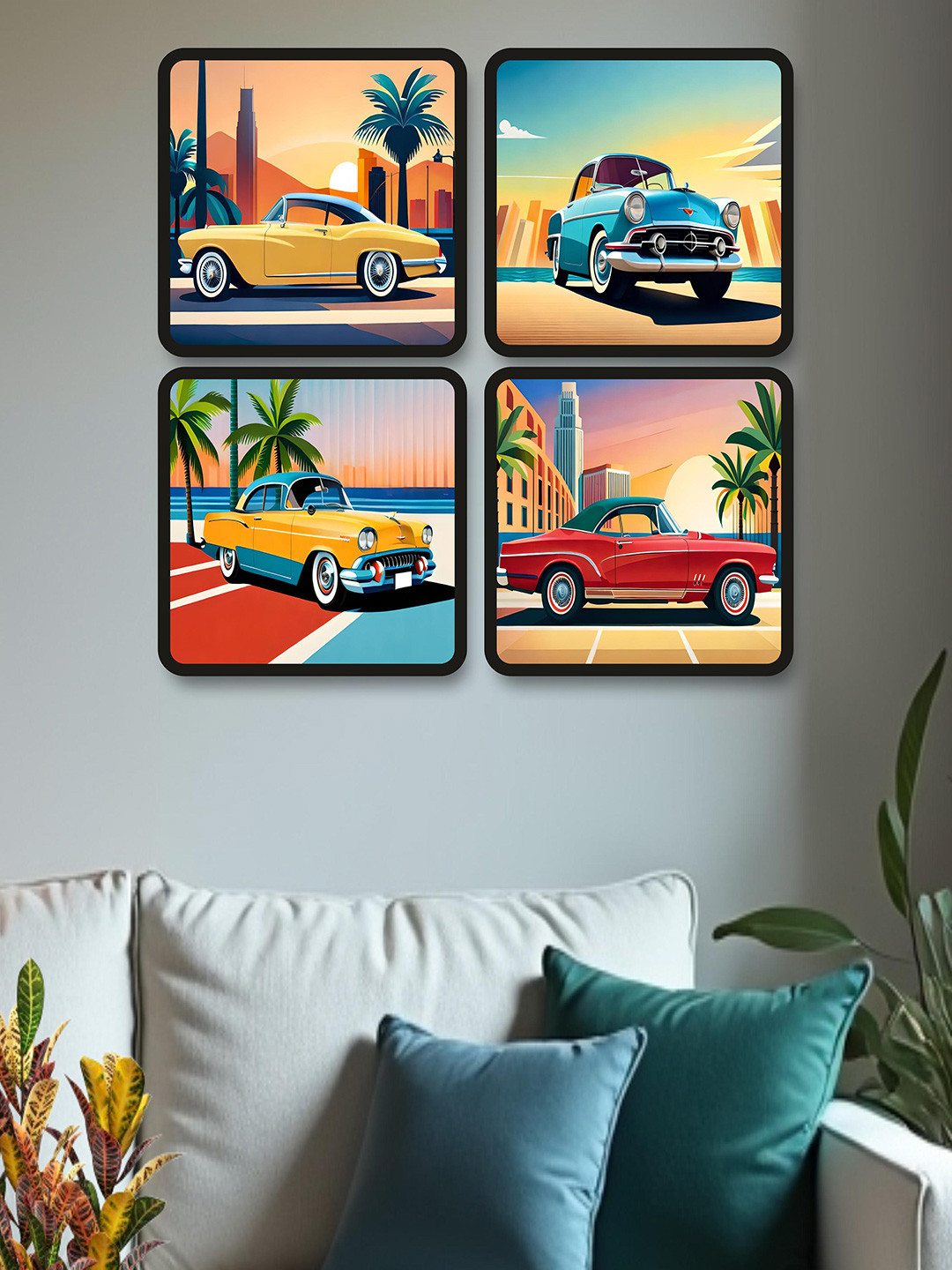 SAF Black & Yellow 4-Pieces Vintage Car Printed Framed Wall Art