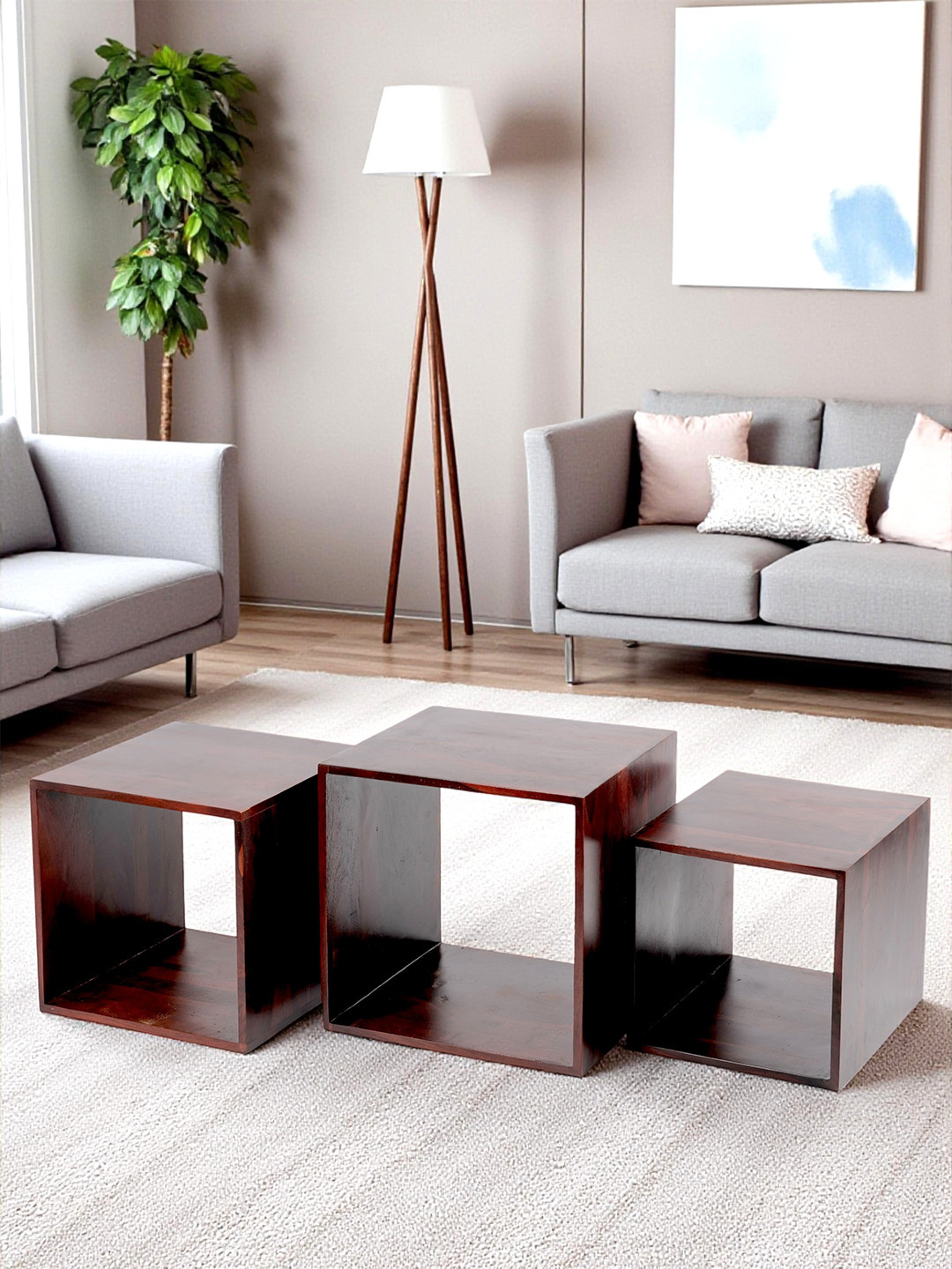 Ikiriya Oakland Sheesham Wood Contemporary Set Of 3 Nesting Tables In Dark Walnut Finish