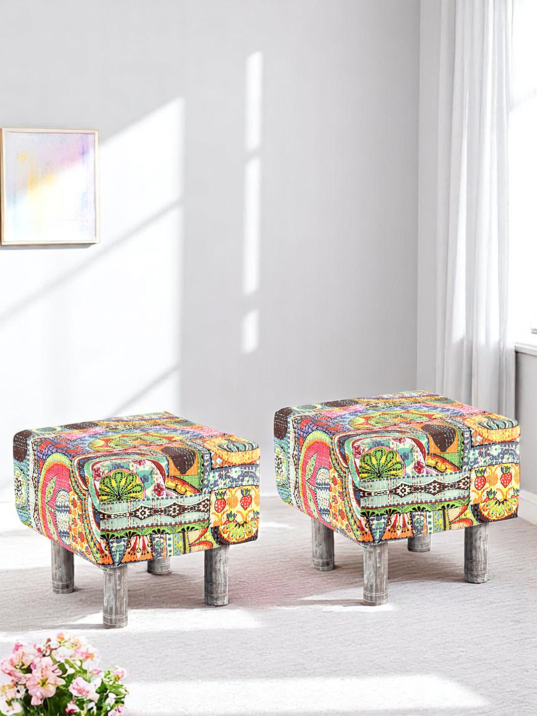Ikiriya Verona Acacia Wood Square Set Of 2 Pouf Stools In Israel Patch Kantha Upholstery