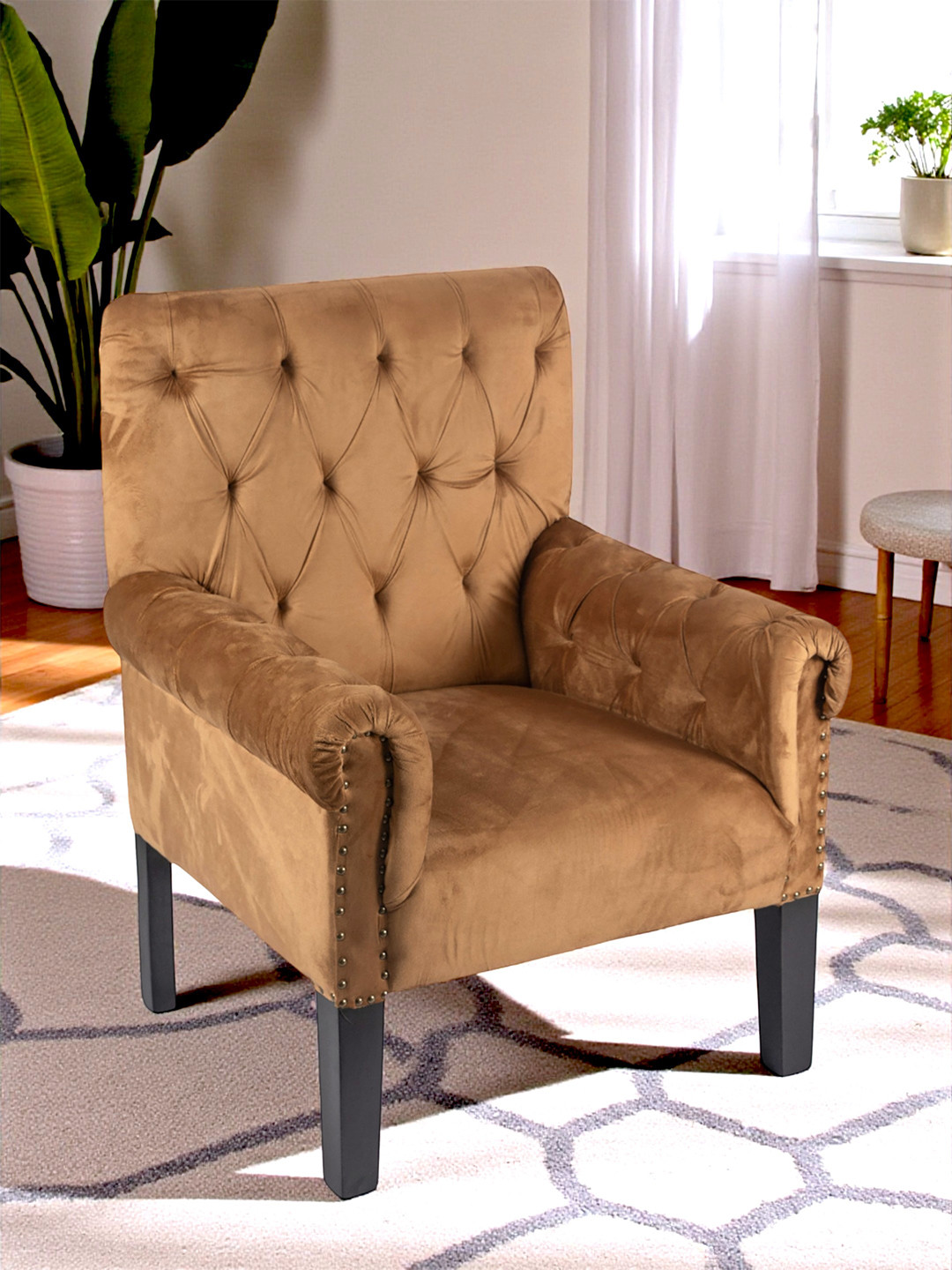 Ikiriya Arista Sheesham Wood Accent Lounge Chair In Taupe Brown Velvet Upholstery