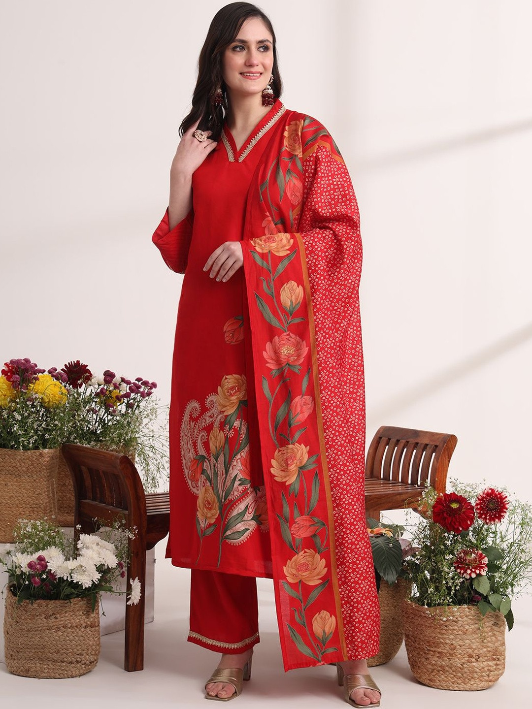 KALINI Women Red Embroidered Silk Blend Kurta Sets