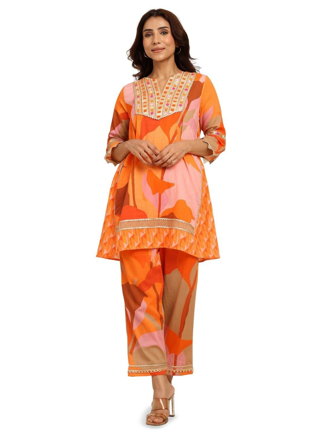 Toscee Printed Pure Cotton V Neck Top With Trousers Co-Ords Set