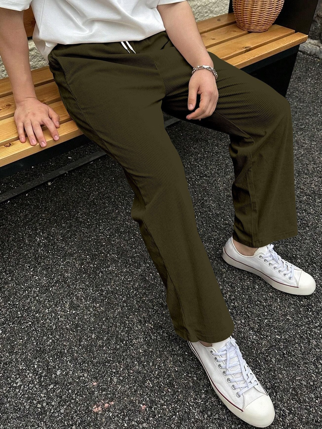 COMBRAIDED Men Green Relaxed Straight Leg Loose Fit Corduroy Trousers