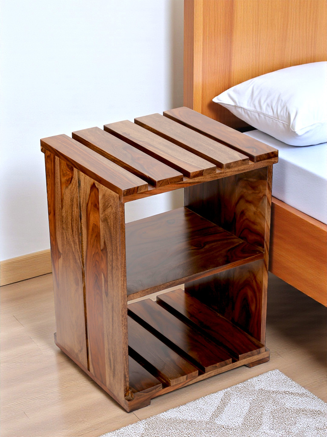 Ikiriya Arista Sheesham Wood Contemporary Bedside Table/ End Table In Teak Finish