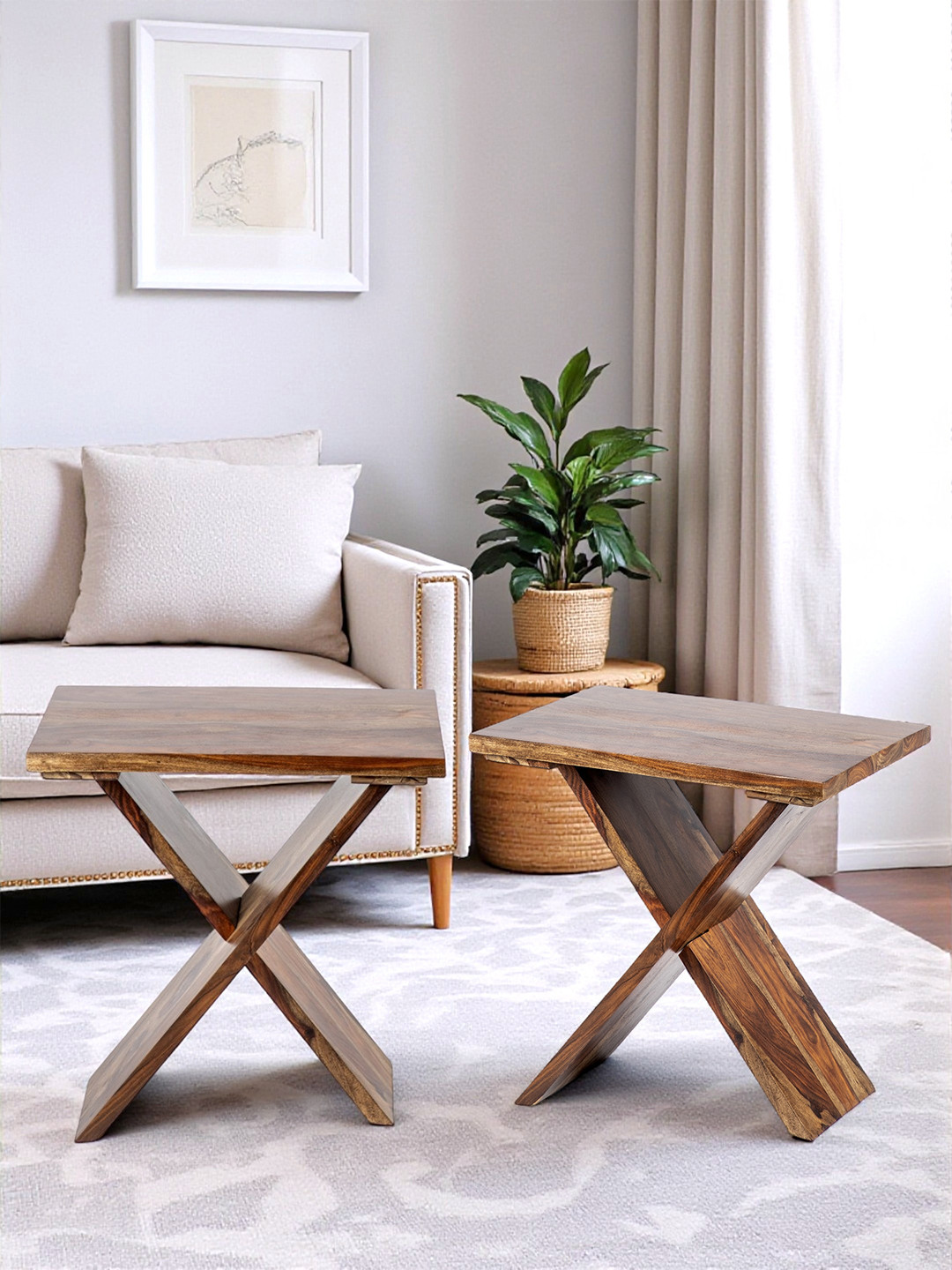 Ikiriya Sheesham Wood Set Of 2 Tea Tables / Corner Tables / Bedside Table In Teak Finish