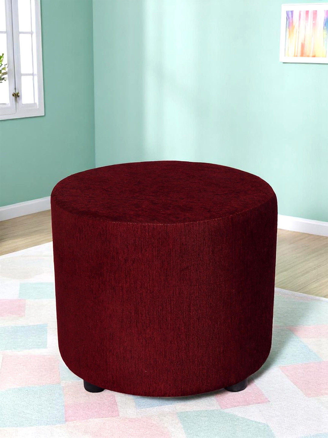 Ikiriya Lisbon Solid Wood Ottoman Pouffee In Mossy Maroon