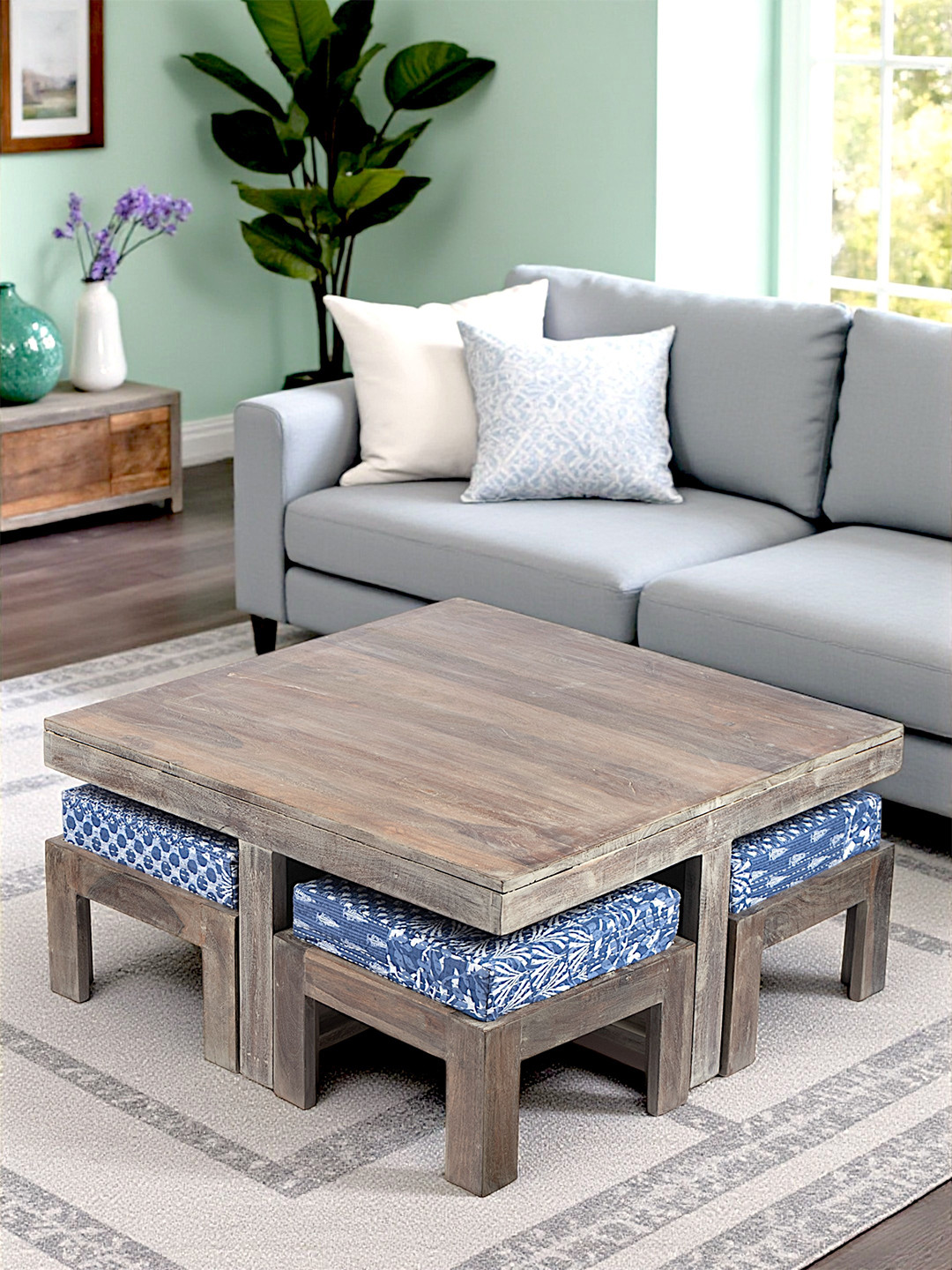 Ikiriya Sheesham Wood Country Side Coffee Table Set In Antique Grey Finish