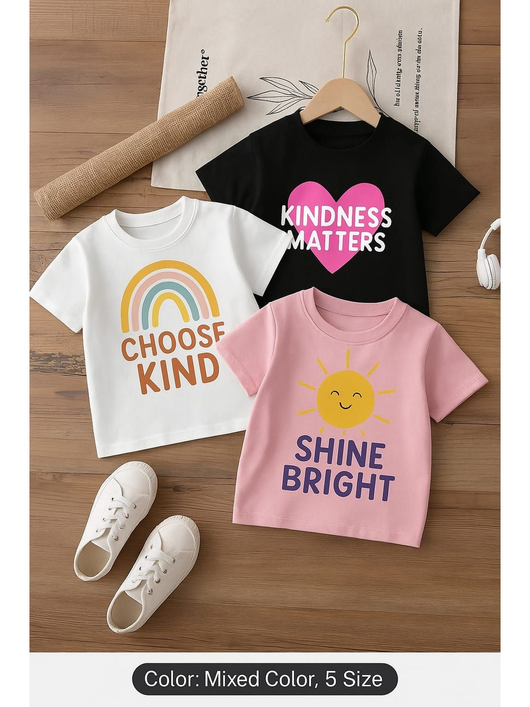 DAMN GUD DG Girls 3 Pcs White Pink & Black Printed Cotton T-shirts