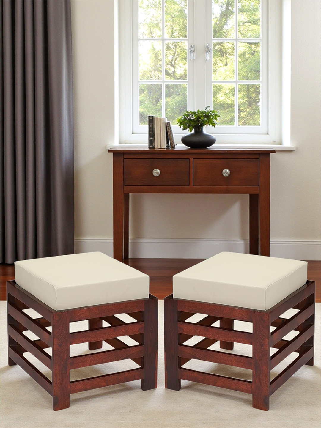 Ikiriya Sheesham Wood Square Set Of 2 Stools In Honey Finish With Jute White Cushion
