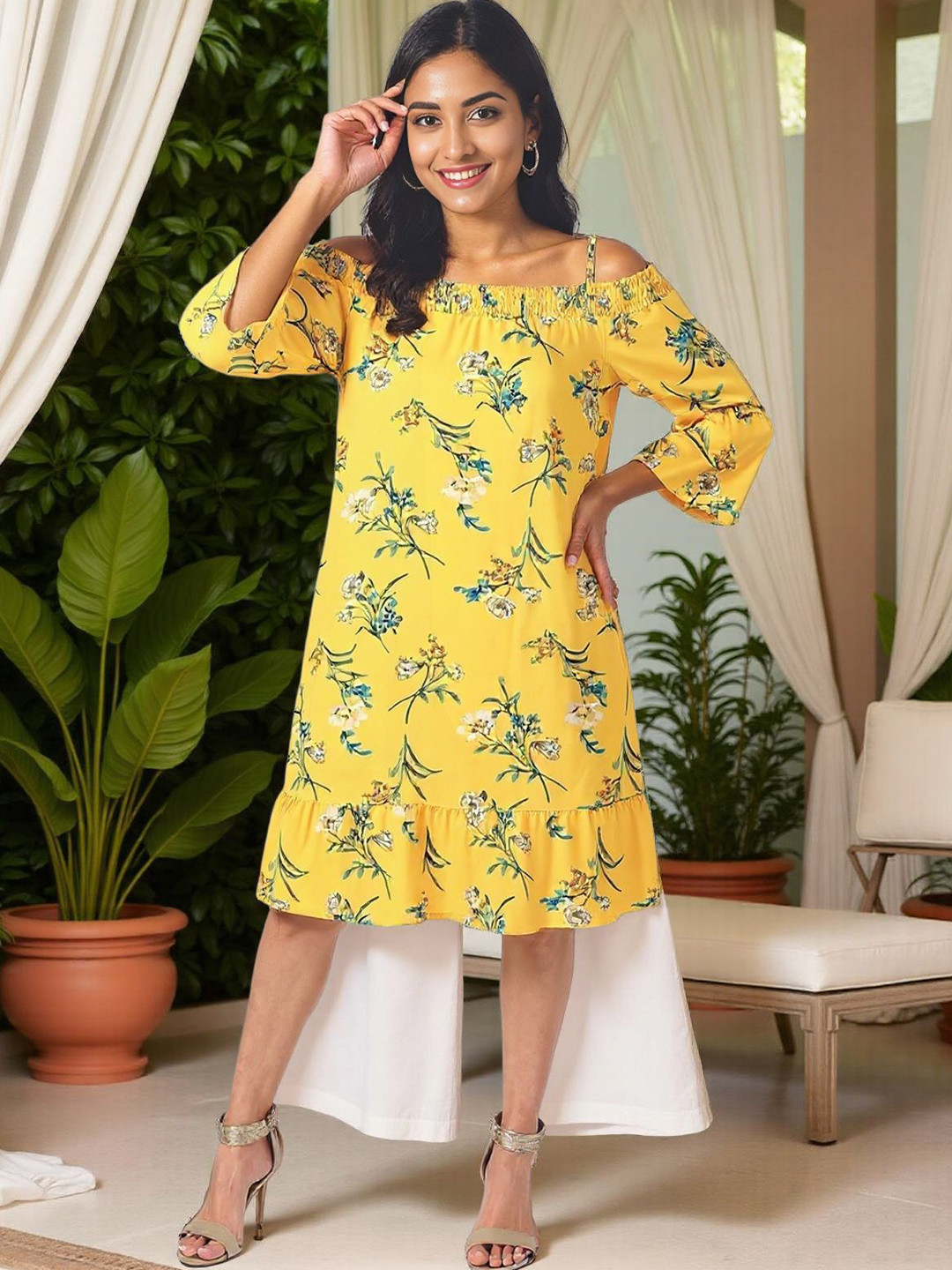 KYVO Women Floral Printed Off-Shoulder Shift Dress