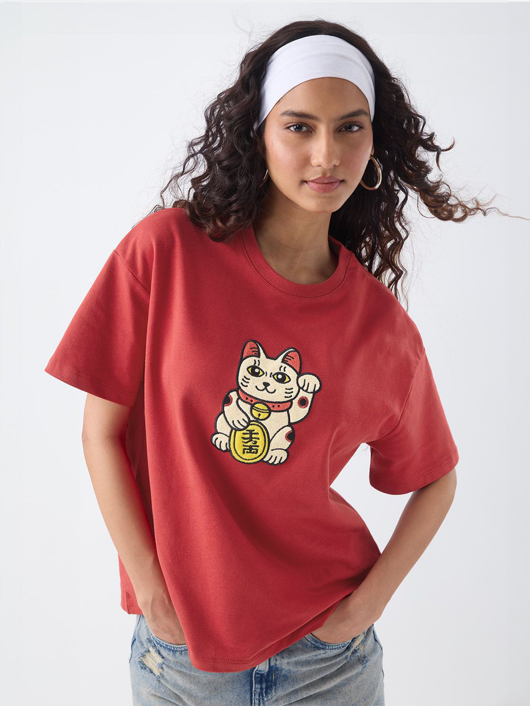 The Souled Store Women Animal Self Design Round Neck Pure Cotton Oversized T-shirt