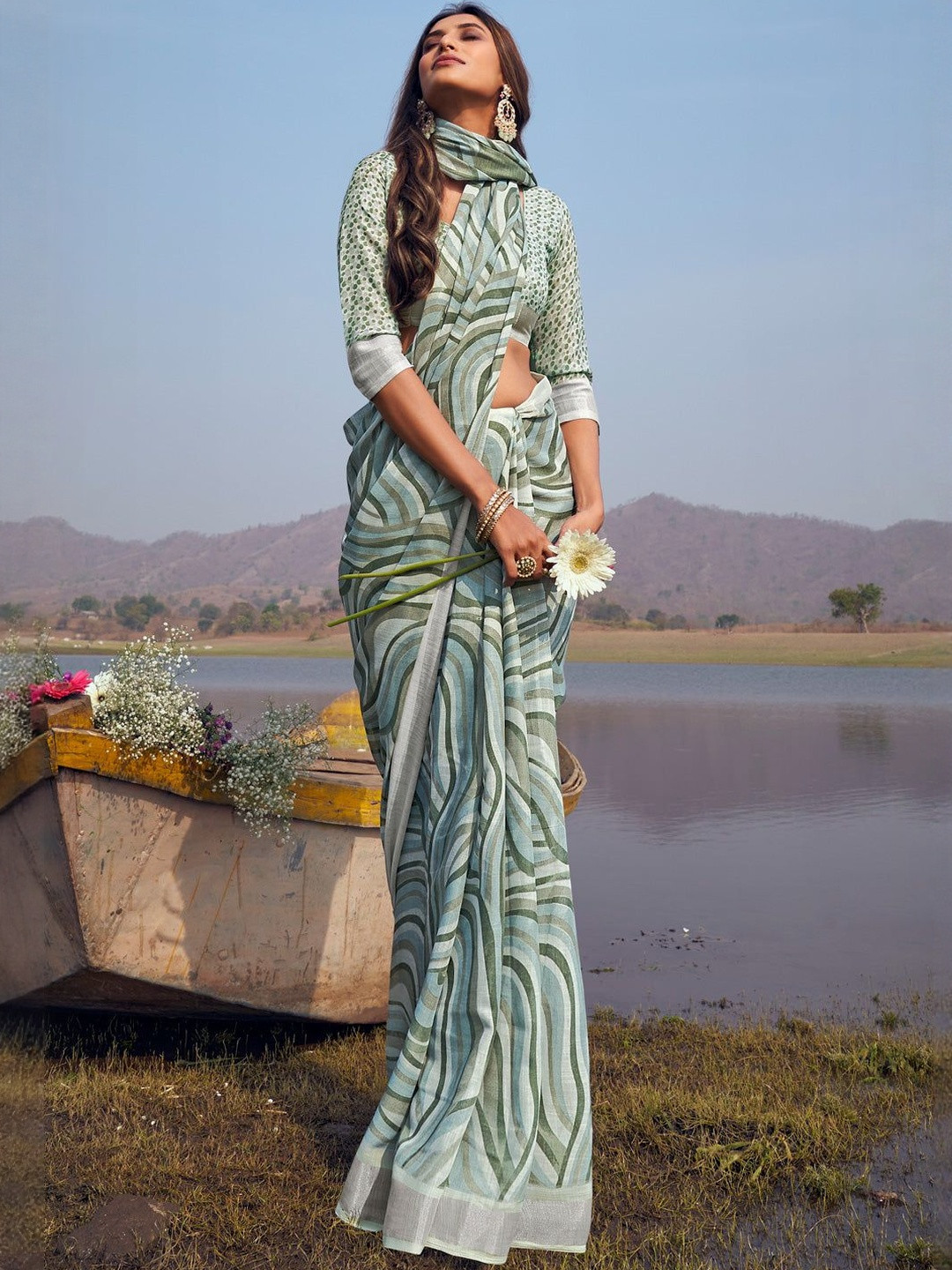 PHEASANT Abstract Printed Woven Border Pure Linen Block Print Saree With Blouse Piece